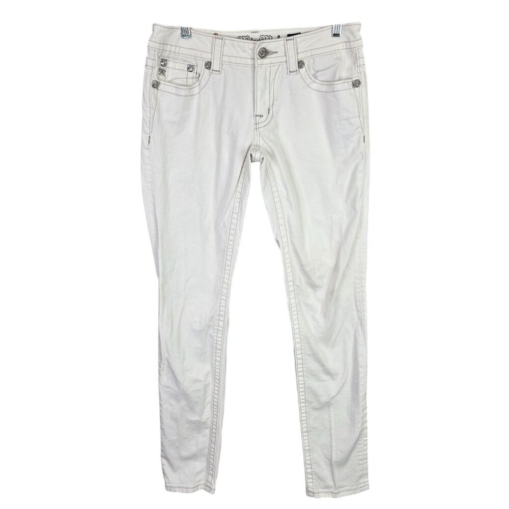 Womens Miss Me White Denim Skinny Jeans Embellished Back Pockets Stretch Size 29